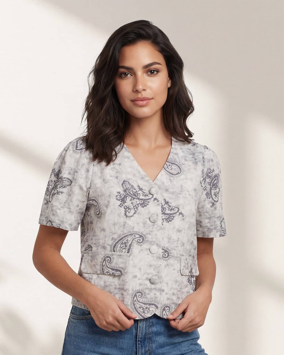 Women Grey Printed Collared Blouse