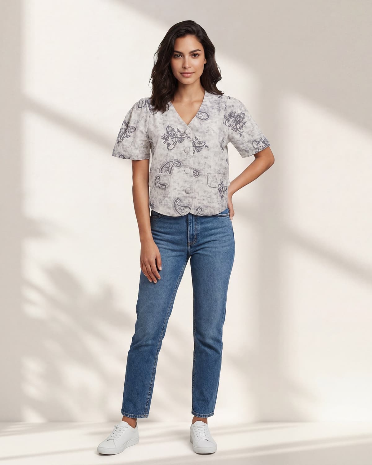 Women Grey Printed Collared Blouse view 2