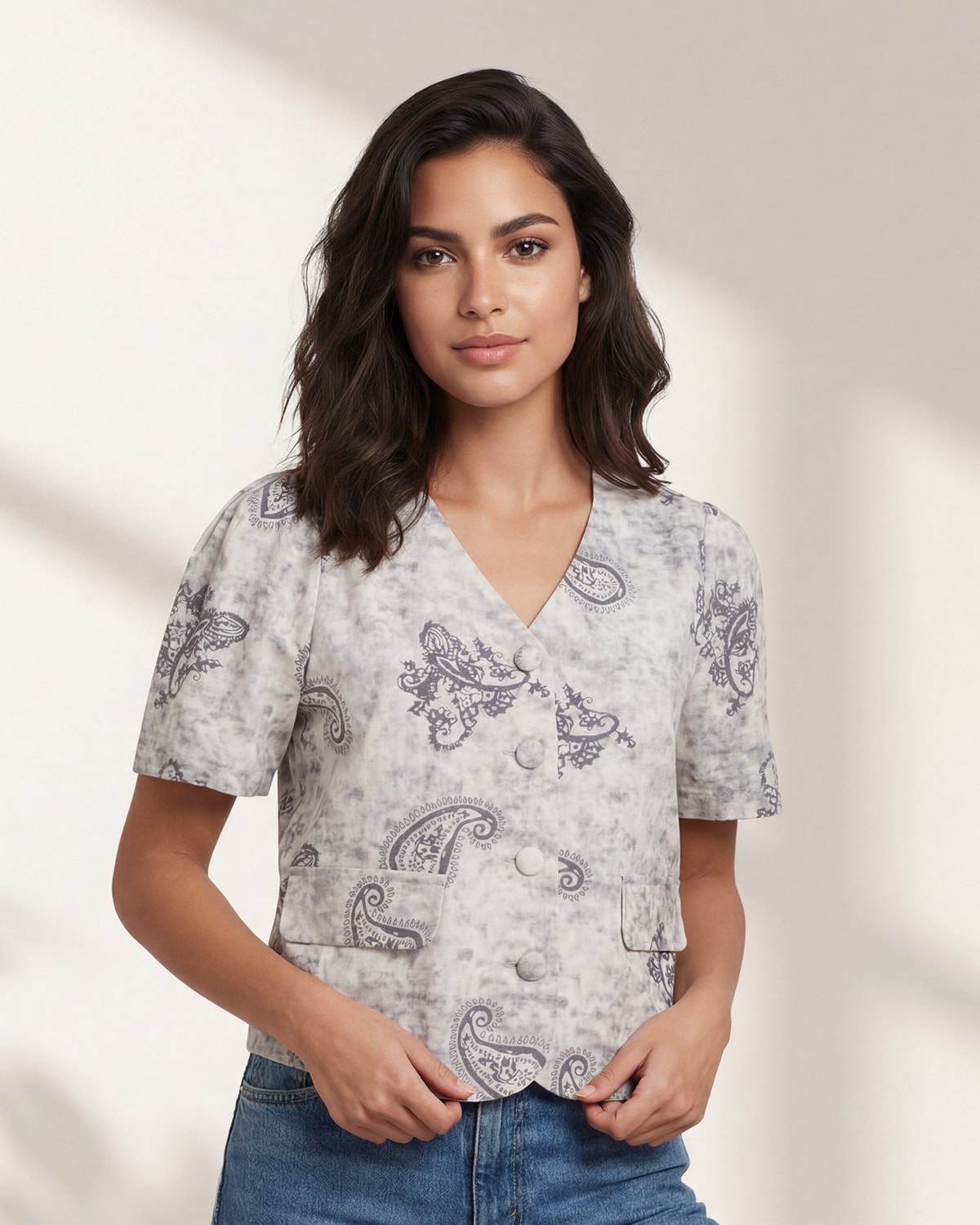 Women Grey Printed Collared Blouse
